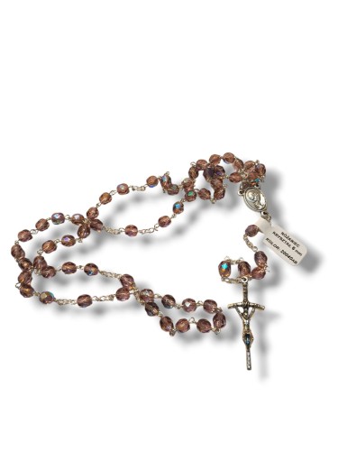 Elegancki różaniec 6 mm różowo‑fioletowy, kryształowy, ręcznie składany w Polsce, trwały i modlitewny, włoskie elementy metalowe, dla osób przystępujący.jpg