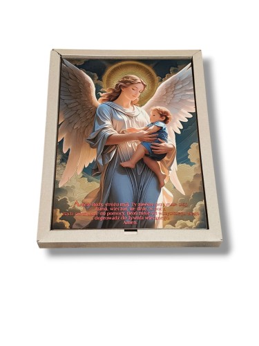 Anioł Stróż prestiżowy obraz 3D 28x19,5 cm na drewnie 18 mm, obraz religijny premium z metaliczną folią złotą lub srebrną.jpg