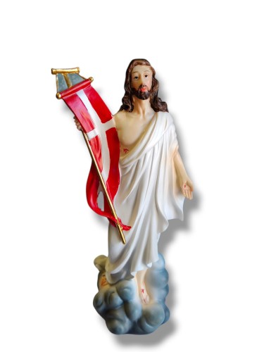 Odlew polyresin Jezusa Zmartwychwstałego 30 cm z czerwoną chorągwią, solidna waga 470 g.jpg