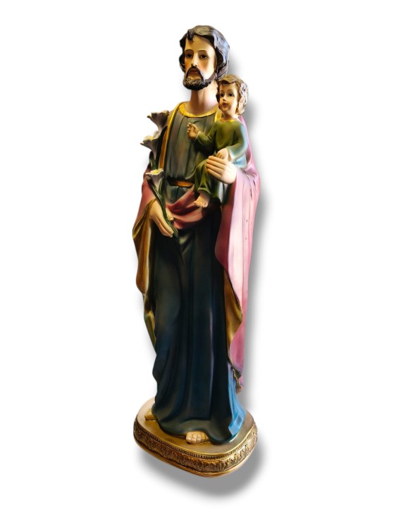 Figura Świętego Józefa 62 cm trzymającego Jezusa na ręku, prawa ręka z lilią.jpg