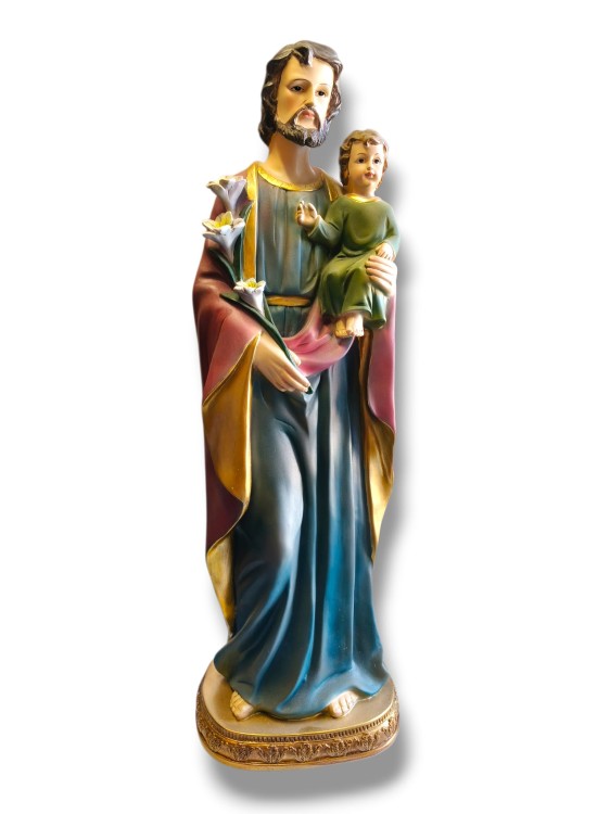 Figura Świętego Józefa z Dzieciątkiem Jezus 62 cm, owalna złota podstawa, ręcznie malowana.jpg