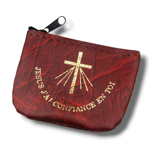 etui na różaniec bordowe skóropodobne zamykane na zamek, eleganckie etui do przechowywania różańca dziecięcego i dorosłego