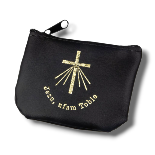 etui na różaniec czarne skóropodobne zamykane na zamek, eleganckie etui do przechowywania różańca dziecięcego i dorosłego