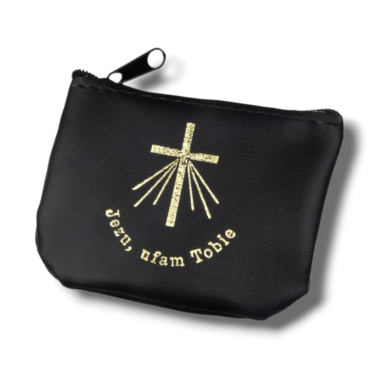 etui na różaniec czarne skóropodobne zamykane na zamek, eleganckie etui do przechowywania różańca dziecięcego i dorosłego