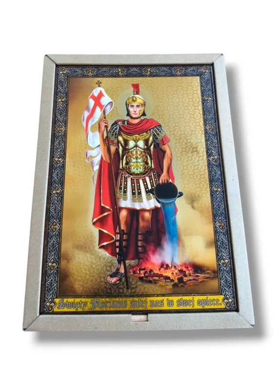 Obraz Święty Florian 3D na drewnie 28x19,5 cm patron strażaków złote tło Premium
