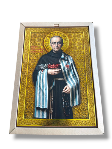 Obraz Święty Maksymilian Maria Kolbe 3D na drewnie 28x19,5 cm złote tło Premium