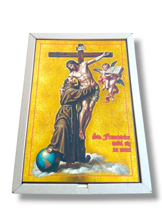 Obraz Święty Franciszek z Asyżu 3D zdejmujący Jezusa z Krzyża na złotym tle Premium
