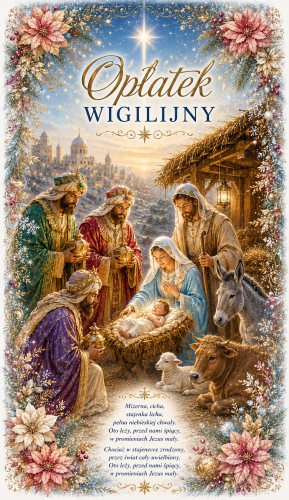Opłatki wigilijne 3 duże i 2 małe, świeże grube opłatki z religijnymi wzorami na Wigilię
