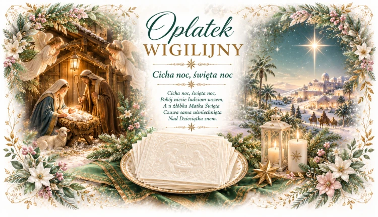 Opłatki wigilijne 3 duże i 2 małe, świeże grube opłatki z religijnymi wzorami na Wigilię