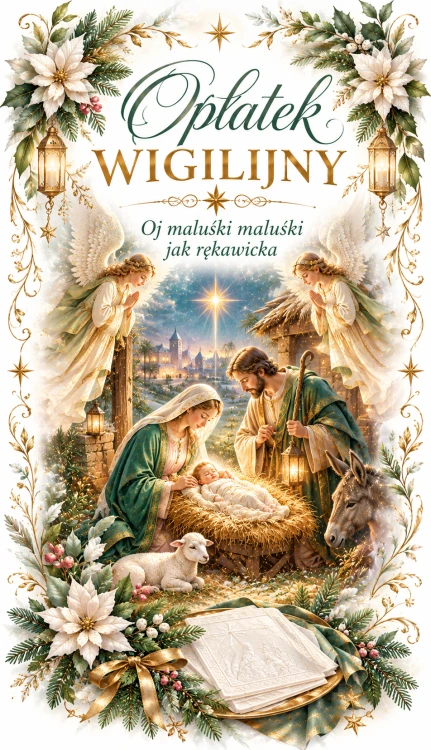 Opłatki wigilijne 3 duże i 2 małe, świeże grube opłatki z religijnymi wzorami na Wigilię