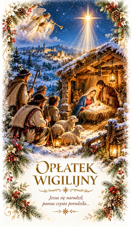 Opłatki wigilijne 3 duże i 2 małe, świeże grube opłatki z religijnymi wzorami na Wigilię