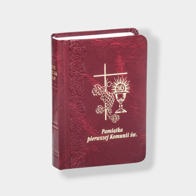 Książeczka do Pierwszej Komunii Świętej Jezus Maryja Józef bordowa ze złotym tłoczeniem