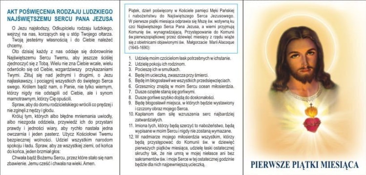 Wnętrze kontrolki pierwszych piątków miesiąca z tabelą do potwierdzania uczestnictwa dziecka w nabożeństwie
